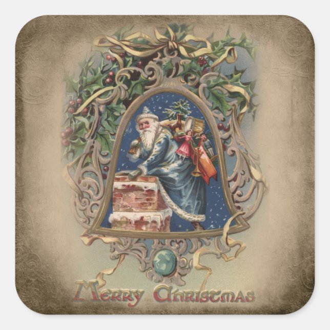 Father Christmas in Blue Robes with Holly Square Sticker (Front)