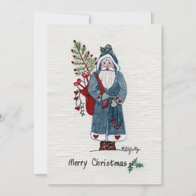 Father Christmas in Green Coat Painted Tan Paper  Holiday Card (Front)
