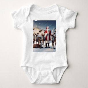 Father Christmas Posing With His Reindeers, Baby Bodysuit