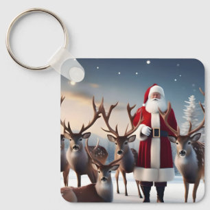 Father Christmas Posing With His Reindeers, Key Ring