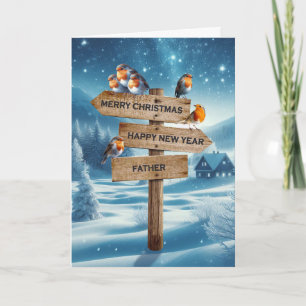 Father Christmas Robins on a Signpost Holiday Card
