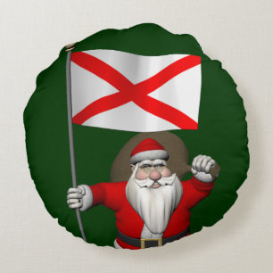 Father Christmas With Flag Of Alabama Round Cushion