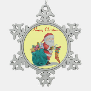 Father Christmas with toys and gifts in sack Snowflake Pewter Christmas Ornament