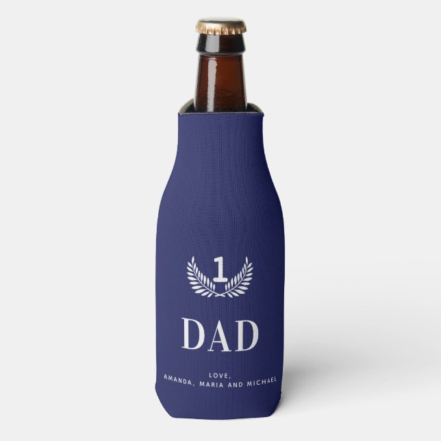 Father dad navy blue white names bottle cooler (Bottle Front)
