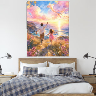 Father & Daughter Flying Kite by Ocean Cliffs Canvas Print