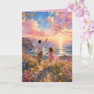 Father & Daughter Flying Kite by Ocean Cliffs Card