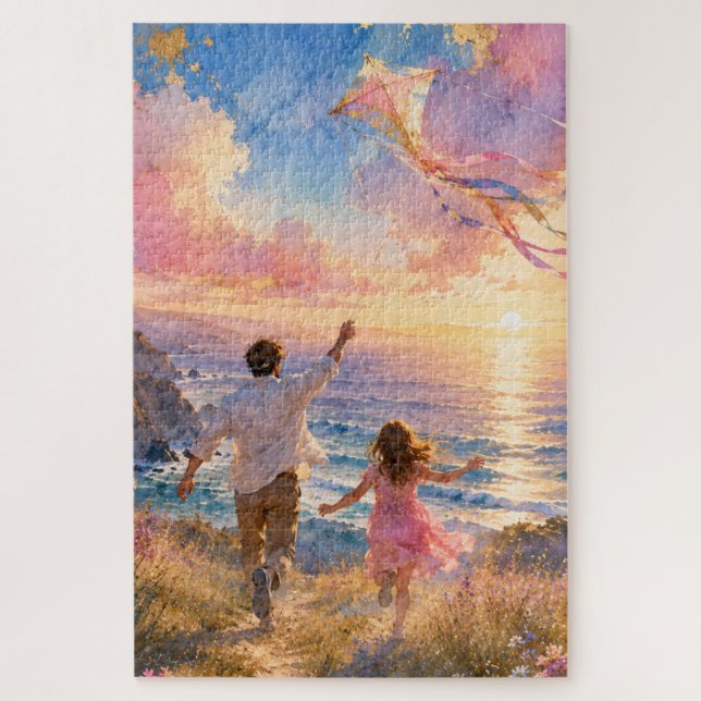 Father & Daughter Flying Kite by Ocean Cliffs Jigsaw Puzzle (Vertical)