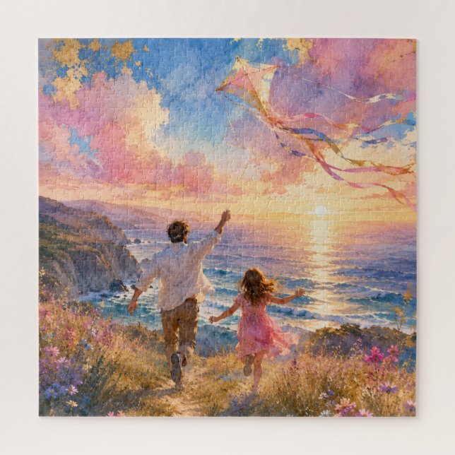 Father & Daughter Flying Kite by Ocean Cliffs Jigsaw Puzzle (Vertical)
