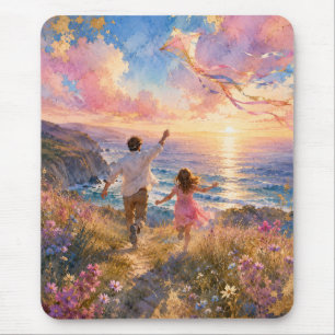 Father & Daughter Flying Kite by Ocean Cliffs Mouse Pad