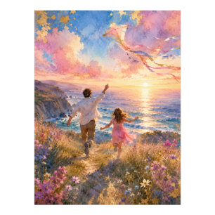Father & Daughter Flying Kite by Ocean Cliffs Photo Print