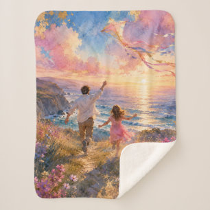 Father & Daughter Flying Kite by Ocean Cliffs Sherpa Blanket