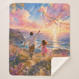 Father & Daughter Flying Kite by Ocean Cliffs Sherpa Blanket