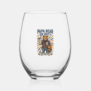Father Day Papa Bear On Duty Shirt Funny Animal Da Stemless Wine Glass