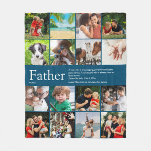 Father Definition Quote Photo Collage Blue Fleece Blanket