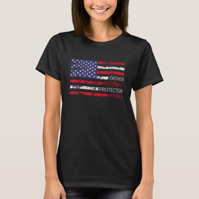 Father Husband Protector Hero Us American Flag Vin T-Shirt (Front)