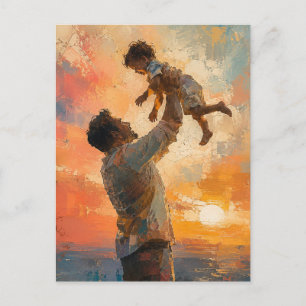 Father Lifting Child at Sunset Abstract Painting Postcard