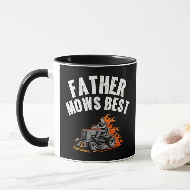Father Mows Best Funny Dad Fire Flame Lawn Mowing Mug (With Donut)