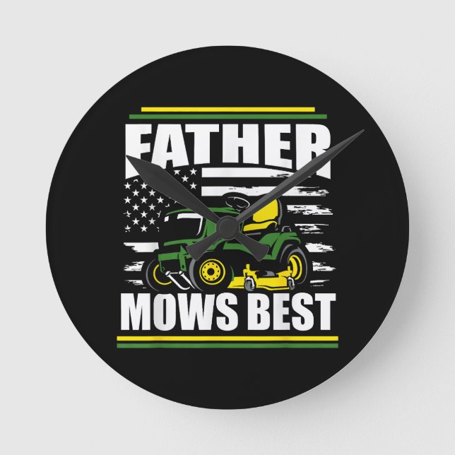 Father Mows Best Funny Lawn Mower American Flag Fa Round Clock (Front)