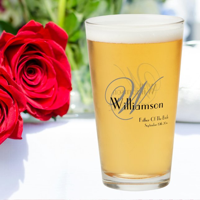 Father Of Bride Gift Elegant Monogram Name Beer Glass (For The Father Of The Bride - An Elegant Monogram Name Beer Glass Gift.)