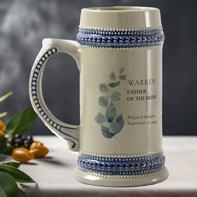 Father of the Bride Eucalyptus Greenery Wedding Beer Stein (Eucalyptus wedding parents gift to personalize for anyone or everyone in your wedding party)