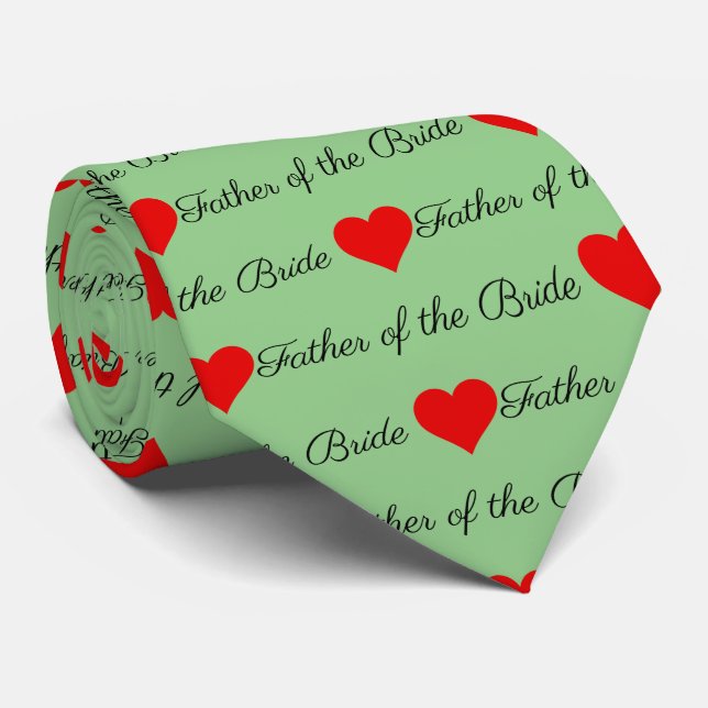 Father of the Bride Green Red Hearts Neck Tie (Rolled)