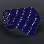 Father of the Bride Tiled White Text on Navy Blue Tie<br><div class="desc">This navy blue neck tie is the perfect accessory for the father of the bride at your wedding. It features a simple yet elegant repeating text design with the word "Father of the Bride" written in a sophisticated all capital white font. There are small diamonds separating the text, giving the...</div>