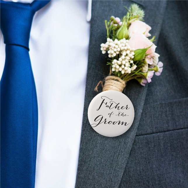 Father of the Groom Classic Script Wedding Party 6 Cm Round Badge ('Father of the Groom' Classic Script Calligraphy Wedding Rehearsal Pin Button @ fatfatin_blue_knot)