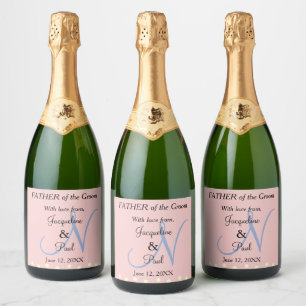 Father of the Groom Pastel Rose Blue Monogram Sparkling Wine Label