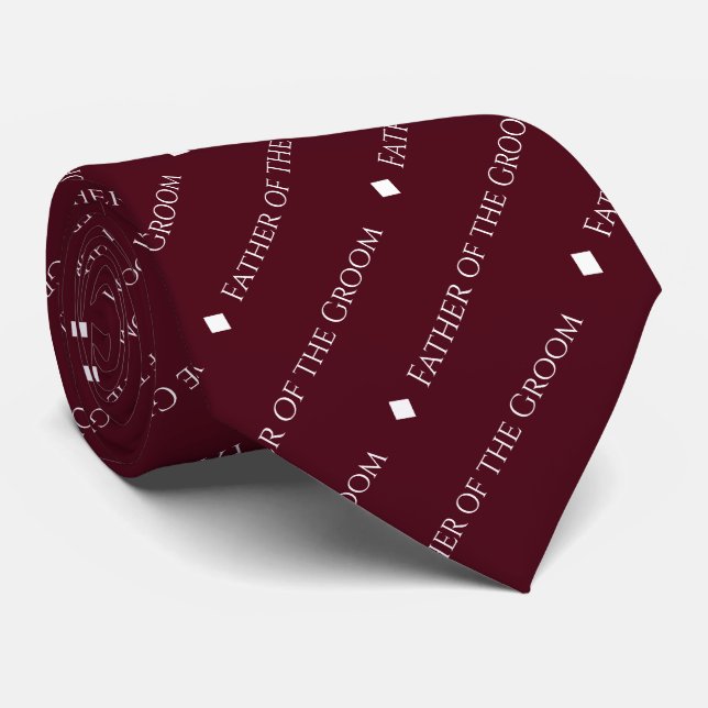 Father of the Groom Repeating White Text Burgundy Tie (Rolled)