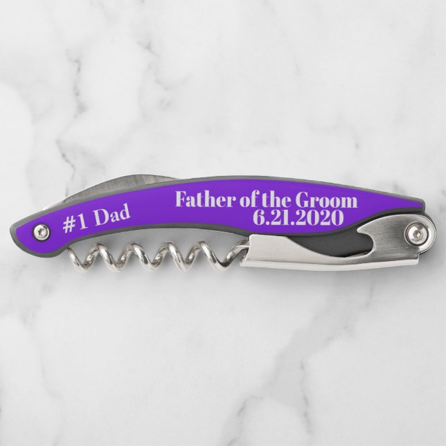 Father of the Groom Violet Wedding Favours Corkscrew (Back)