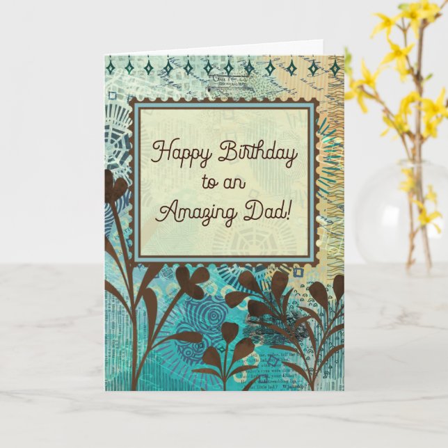 Father’s Birthday Strong Teal and Brown Abstract Card (Yellow Flower)