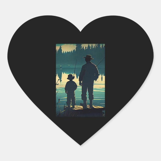 Father-Son Fishing Silhouette Heart Sticker (Front)