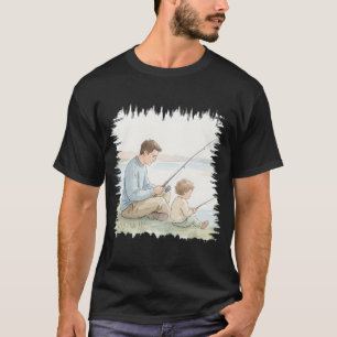Father Teaching Son Fishing Cute Family Illustrati T-Shirt