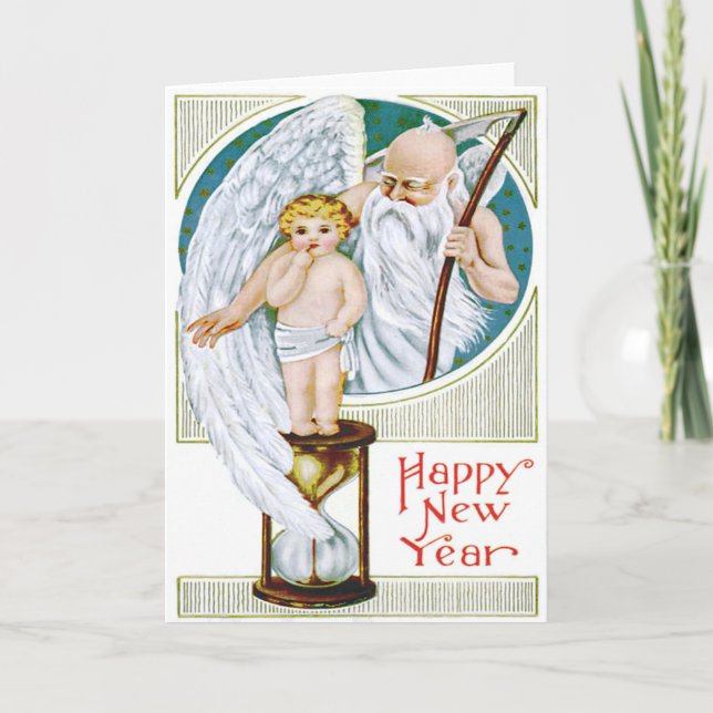 Father Time Baby New Year Hourglass Holiday Card (Front)