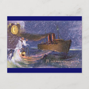 Father Time & Steamship Vintage New Year Holiday Postcard