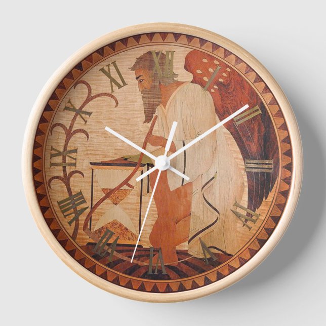 Father Time Wall Clock with Natural Wood Frame (Front)
