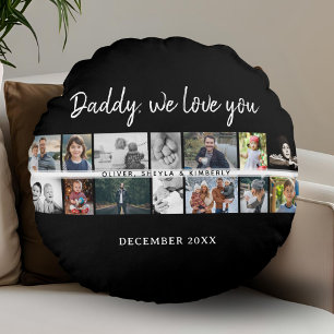 Father with Kids Family Dad 14 Photo Collage Round Cushion