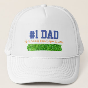 Fathers Day #1 DAD Kids NAMES Grass Fun Trucker Hat