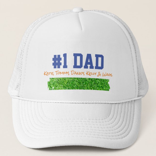 Fathers Day #1 DAD Kids NAMES Grass Fun Trucker Hat (Front)