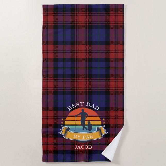 Fathers Day Best Dad By Par Plaid Tartan Beach Towel (Front)