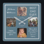 Fathers Day Best Dad Ever Blue Four Photo Square Wall Clock<br><div class="desc">Show Dad you treasure him for Father's Day with this Four Photo blue design featuring your Dad's name, the text "Best Dad Ever", and room for a unique message below with typed signatures in script text and the occasion and year. Design by Holiday Hearts Designs (rights reserved) with template placeholder...</div>