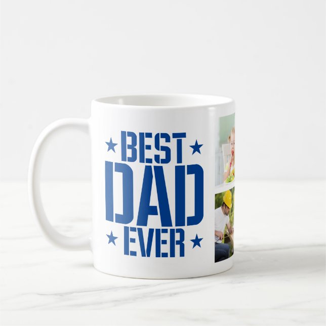 Father's Day Best Dad Ever Six Photo & Text, Blue Coffee Mug (Left)