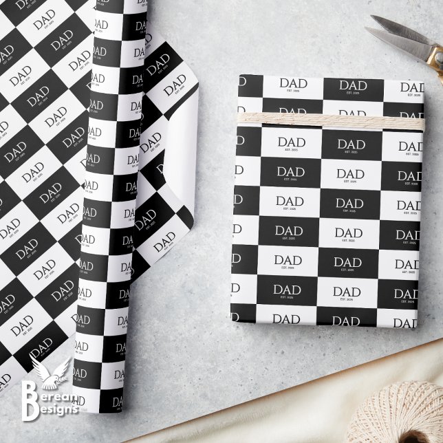 Fathers Day Classic Caps Dad Established  Wrapping Paper (Monotone black white DAD ESTABLISHED giftwrap for Father's Day w/ custom text and rectangular check)