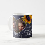 Father's Day cute family photos sunflowers navy Coffee Mug<br><div class="desc">Modern rustic style navy blue chalkboard funny cute coffee mug with 2 custom photos inside two hearts frames, yellow gold sunflowers, and your text in trendy chic calligraphy script. Personalise it with your images and your wishes. It can make a wonderful birthday, anniversary, Mother's Day, Father's Day, Christmas gift for...</div>