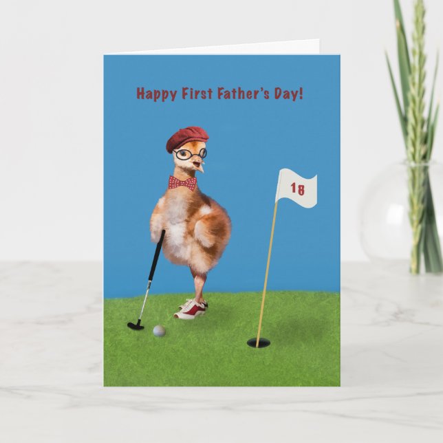 Father's Day, First, Humourous Bird Playing Golf Card (Front)