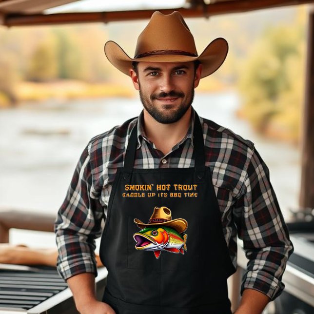 Fathers Day Funny Fish Wearing a Cowboy Hat Apron (Funny Apron for him-Fish with a Cowboy hat-Trout Fish-Fisherman Core-Gifts for Him-Father's Day Gift)