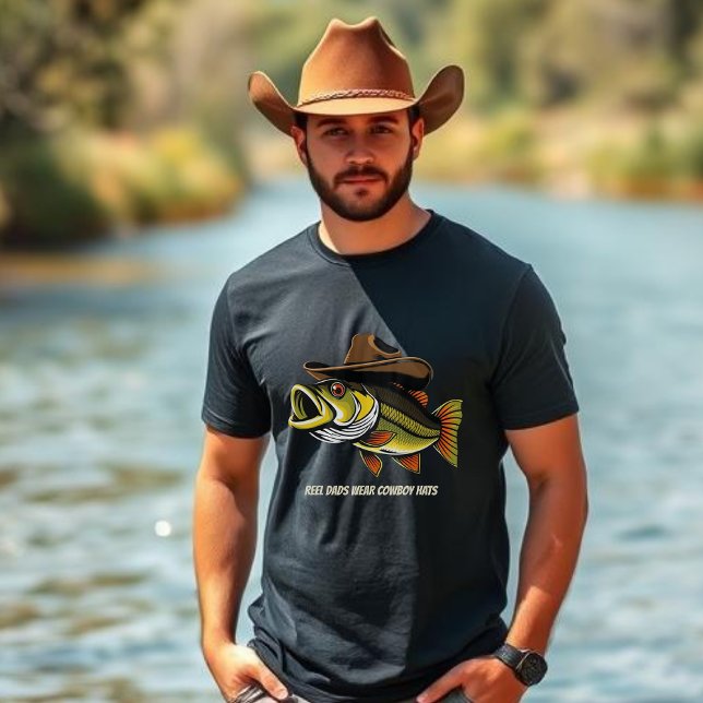 Fathers Day Funny Fish wearing a Cowboy Hat  T-Shirt (Bass Fish Reel Dads wear Cowboy hats Funny Fathers Day t shirt
)