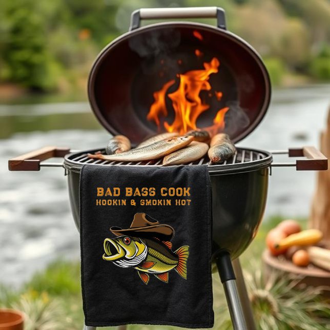 Fathers Day Funny Fish wearing a Cowboy Hat  Tea Towel (Funny Gift for Him-Fathers Day Gift-Bass Fish Wearing a Cowboy Hat-Fisherman Core-Gifts for Him)