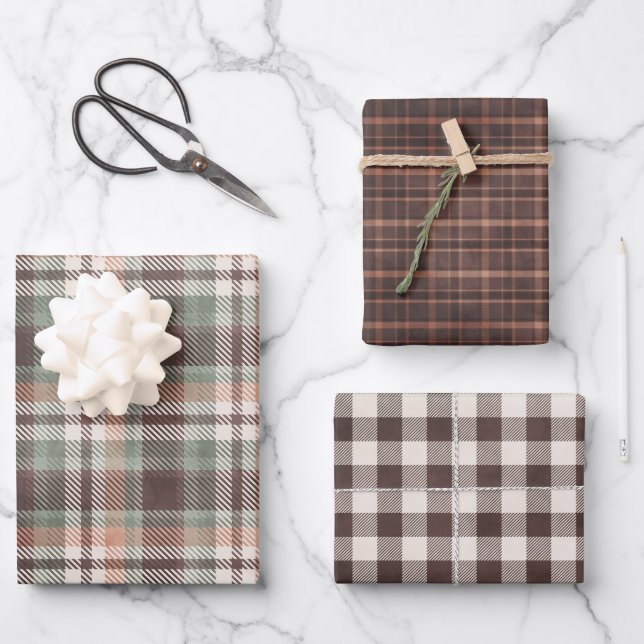 Father's Day Green & Brown Plaid Wrapping Paper Sheet (Front)