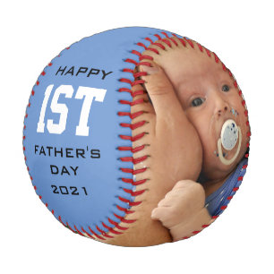 Father's Day Happy First Custom 2 Photo Blue Baseball